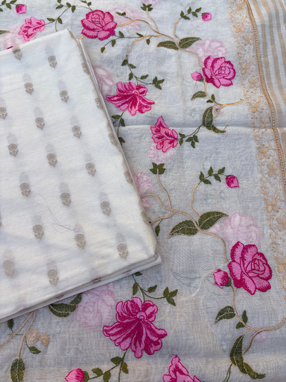 White cotton, embroidered dupatta, plain bottom