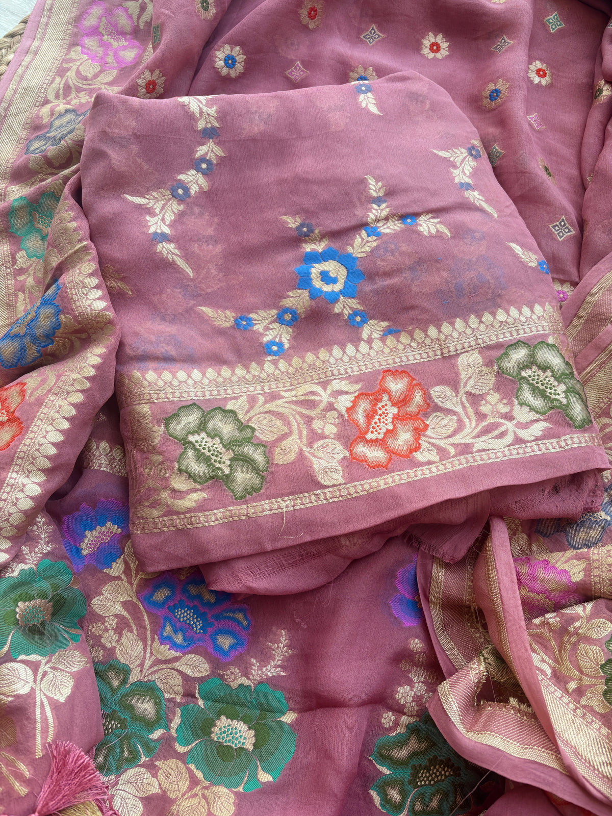 Peach meenadar weaving Khaddi georgette suit set