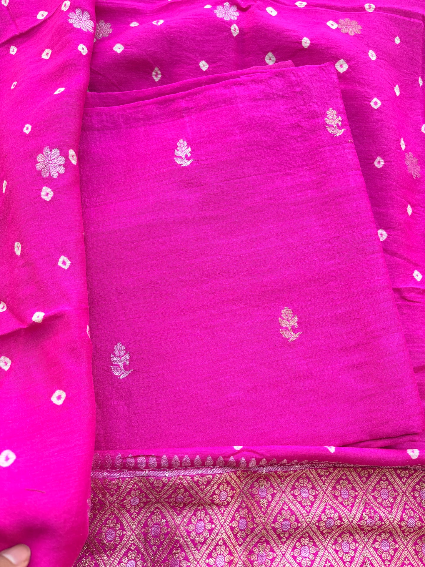 Pink moonga silk kadhwa suit with bandhani dupatta
