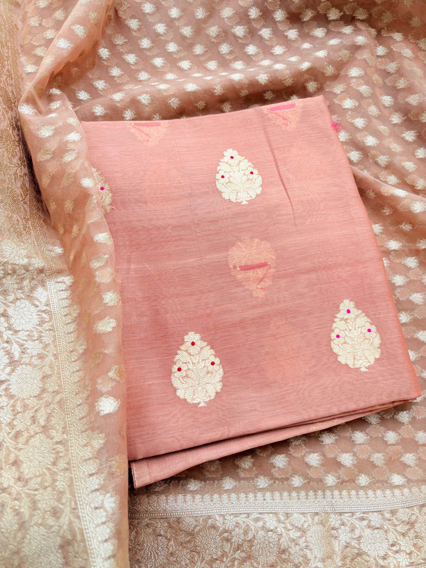 Peach handloom silk suit set with cutwork Kora dupatta
