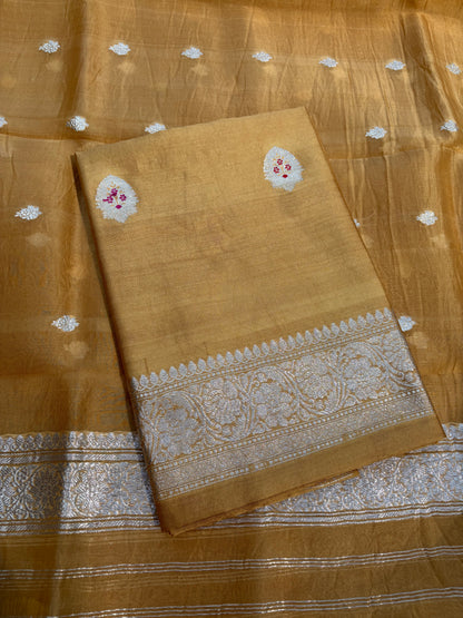 Light yellow meenadar silver zari Chiniya kora suit set