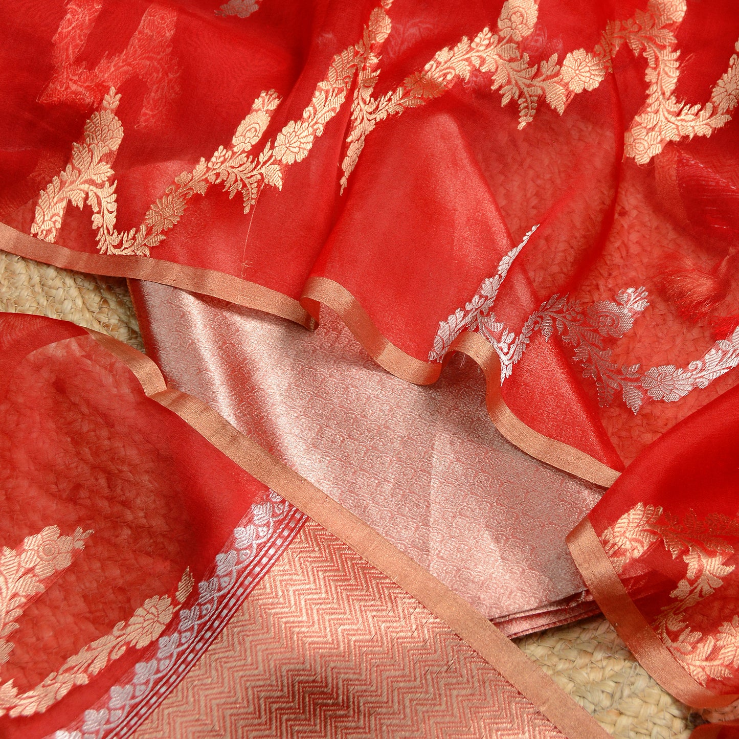 Red katan tissue suit set with kora silk dupatta