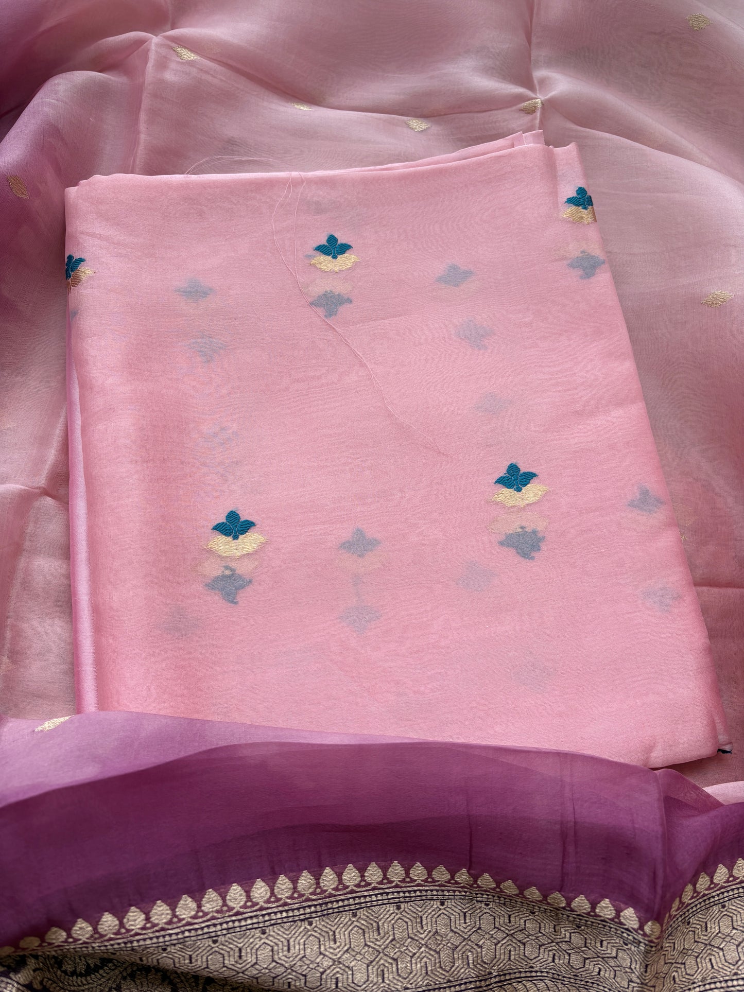Pink Kora silk suit set with shaded dupatta