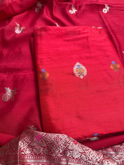 Red raw silk meenadar kurta, chiniya silk dupatta, plain raw silk bottom.