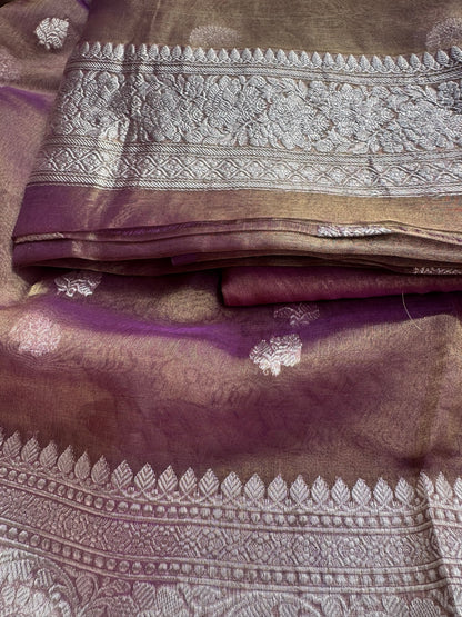 Magenta pure silver zari kadhwa tissue suit set