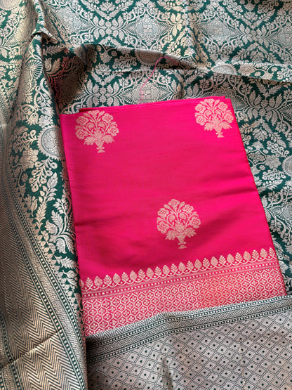 Pink katan silk kurta, bottom and green heavy dupatta