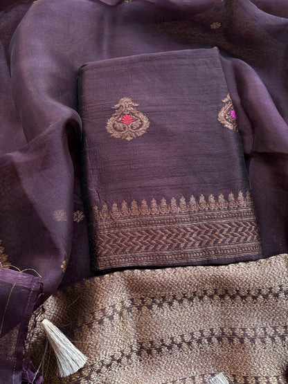 Wine raw silk kadhwa suit set