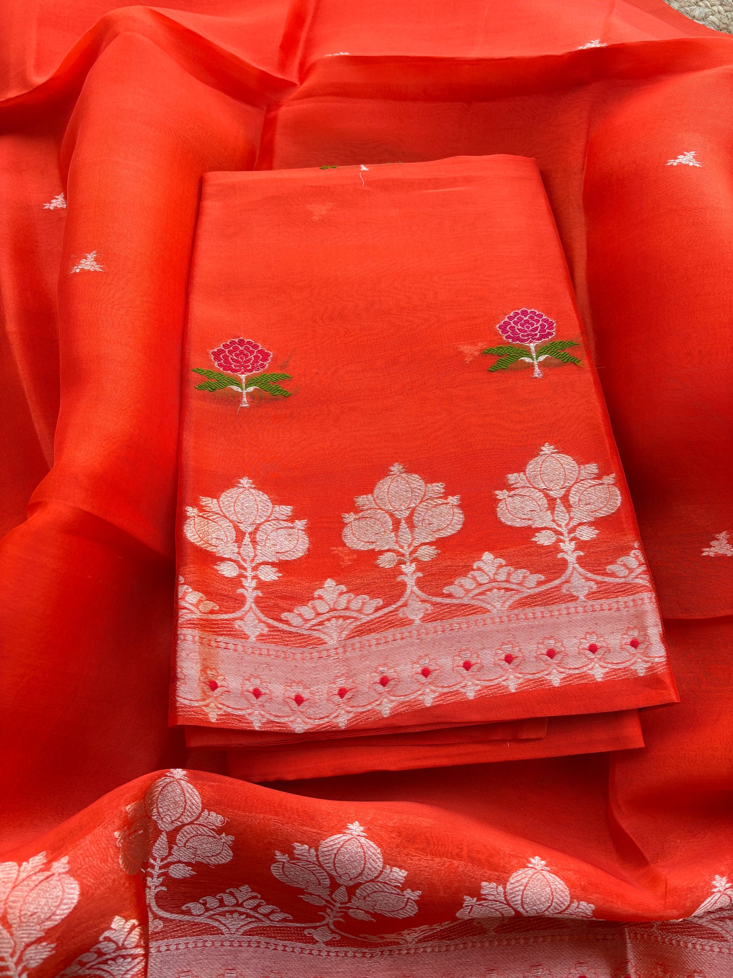 Orange kora silk kadhwa suit set