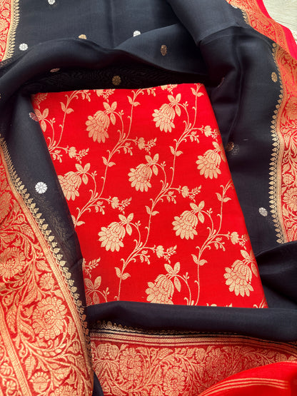 Red jaal kurta with black shaded dupatta