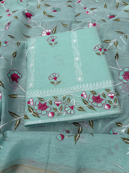 Blue linen cotton embroidered 3 piece suit set