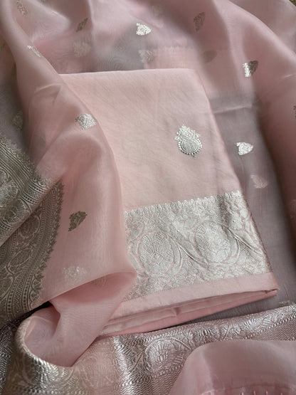 Pink Chiniya kadhwa silver zari 3 piece suit set