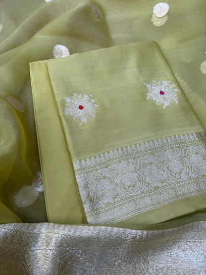 Green Chiniya silk silver zari 3 piece suit set