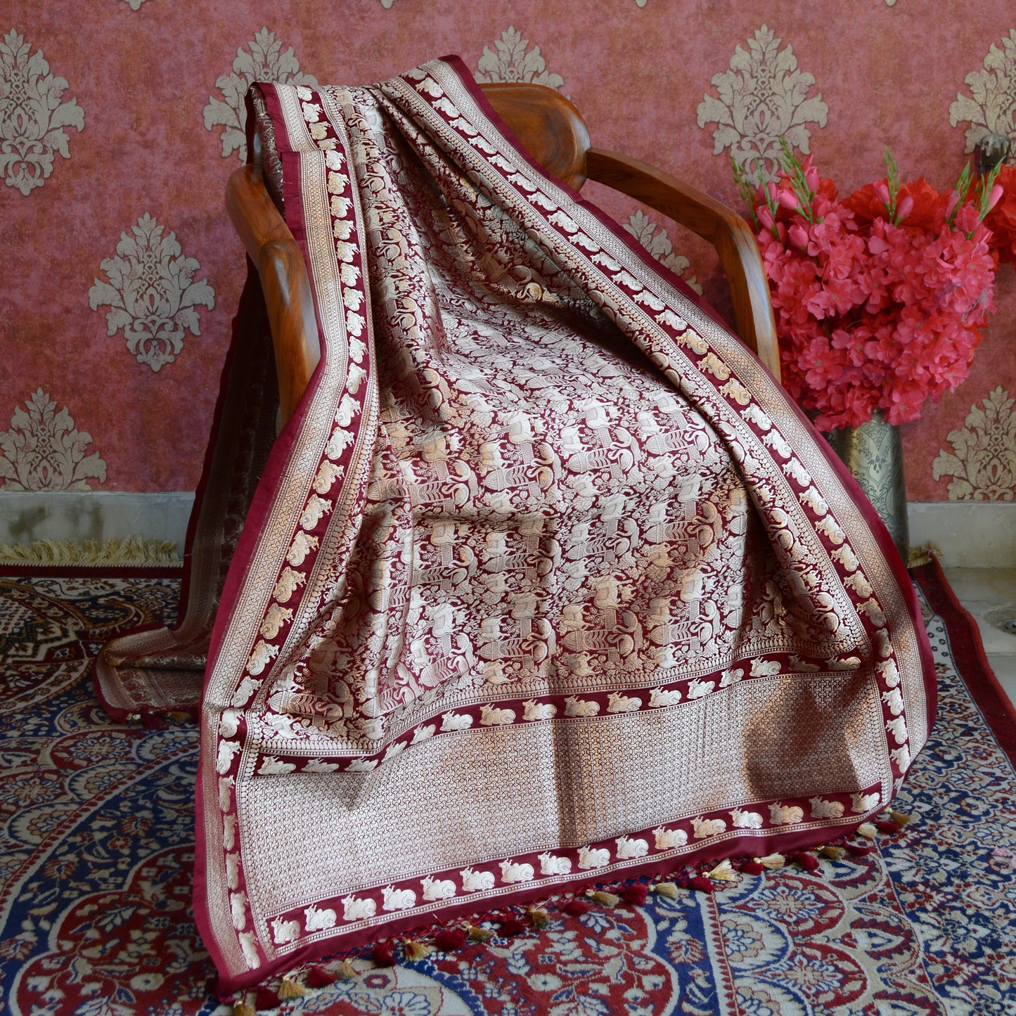 Maroon Banrasi silk shikargah dupatta