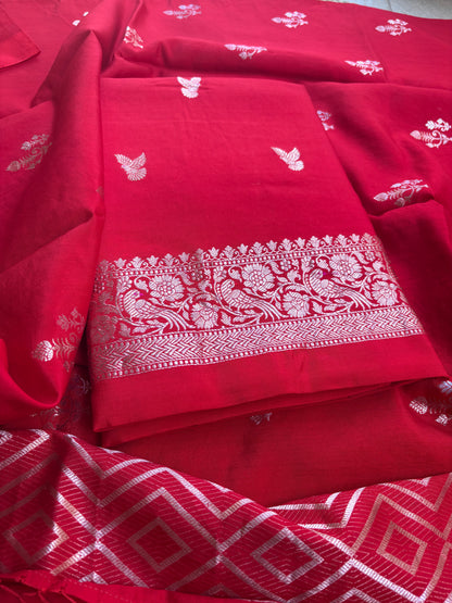 Red Chiniya silk 3 piece bird motif suit set