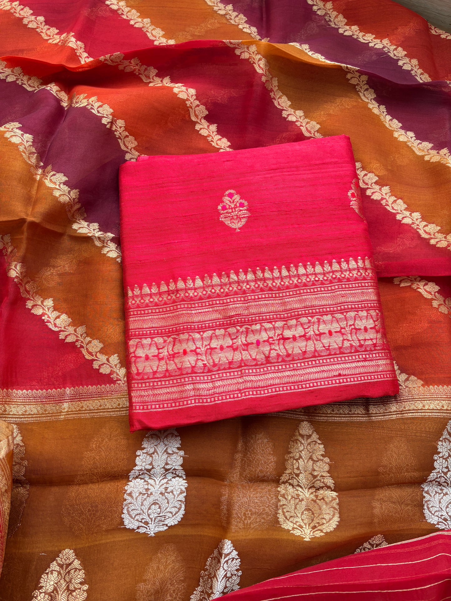 Red raw silk suit set with kora rangkat dupatta