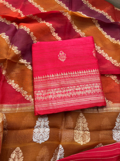 Red raw silk suit set with kora rangkat dupatta