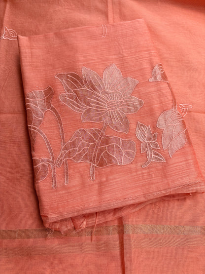 Peach appliqué work mul Chanderi suit set