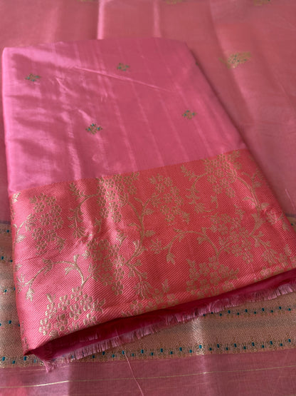 Pink katan silk embroidered kurta, plain katan bottom and kora silk dupatta .