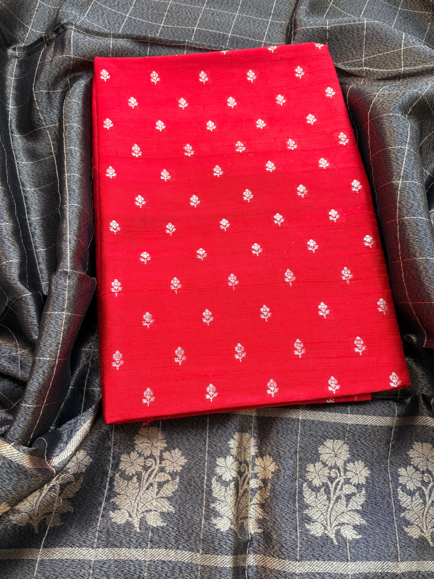 Red Chiniya silk kurta, bottom , black tissue dupatta