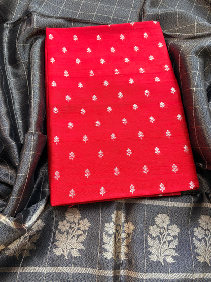 Red Chiniya silk kurta, bottom , black tissue dupatta