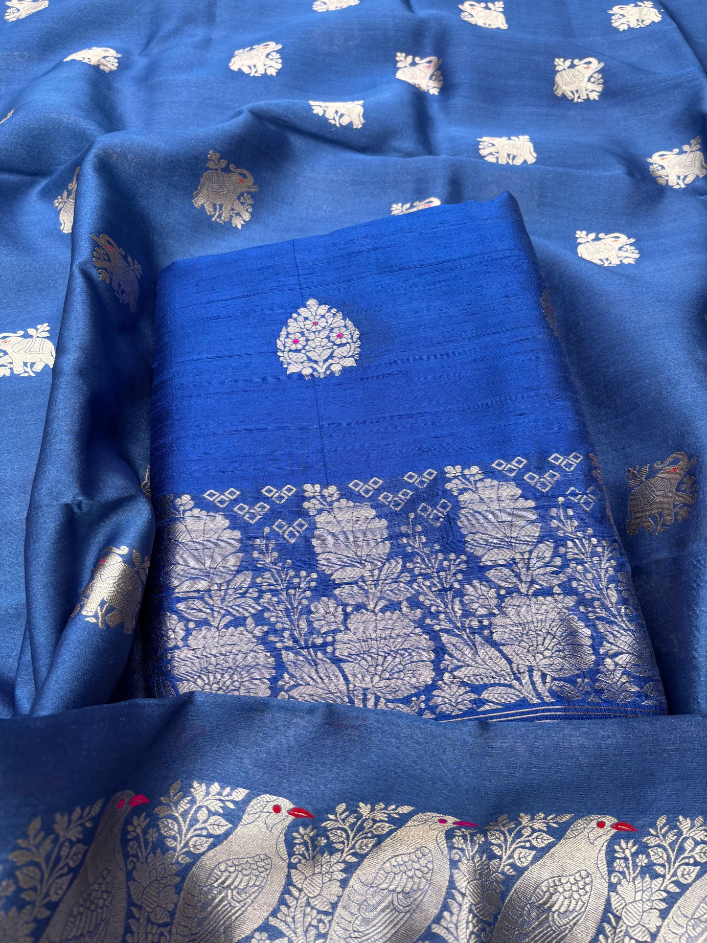 Blue raw silk kurta, bottom, Chiniya kora dupatta