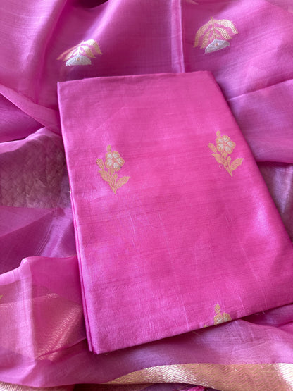 Pink chiniya silk meendar kurta, kora silk dupatta and plain bottom