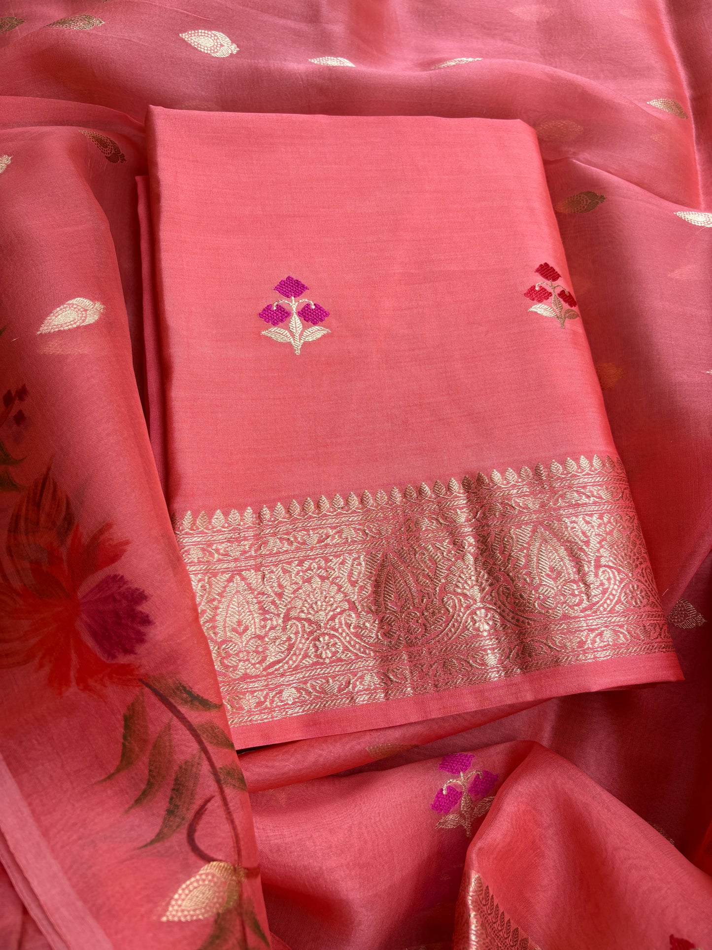 Peach Chiniya kora silk suit ( hand brushed border)