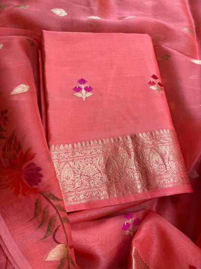 Peach Chiniya kora silk suit ( hand brushed border)