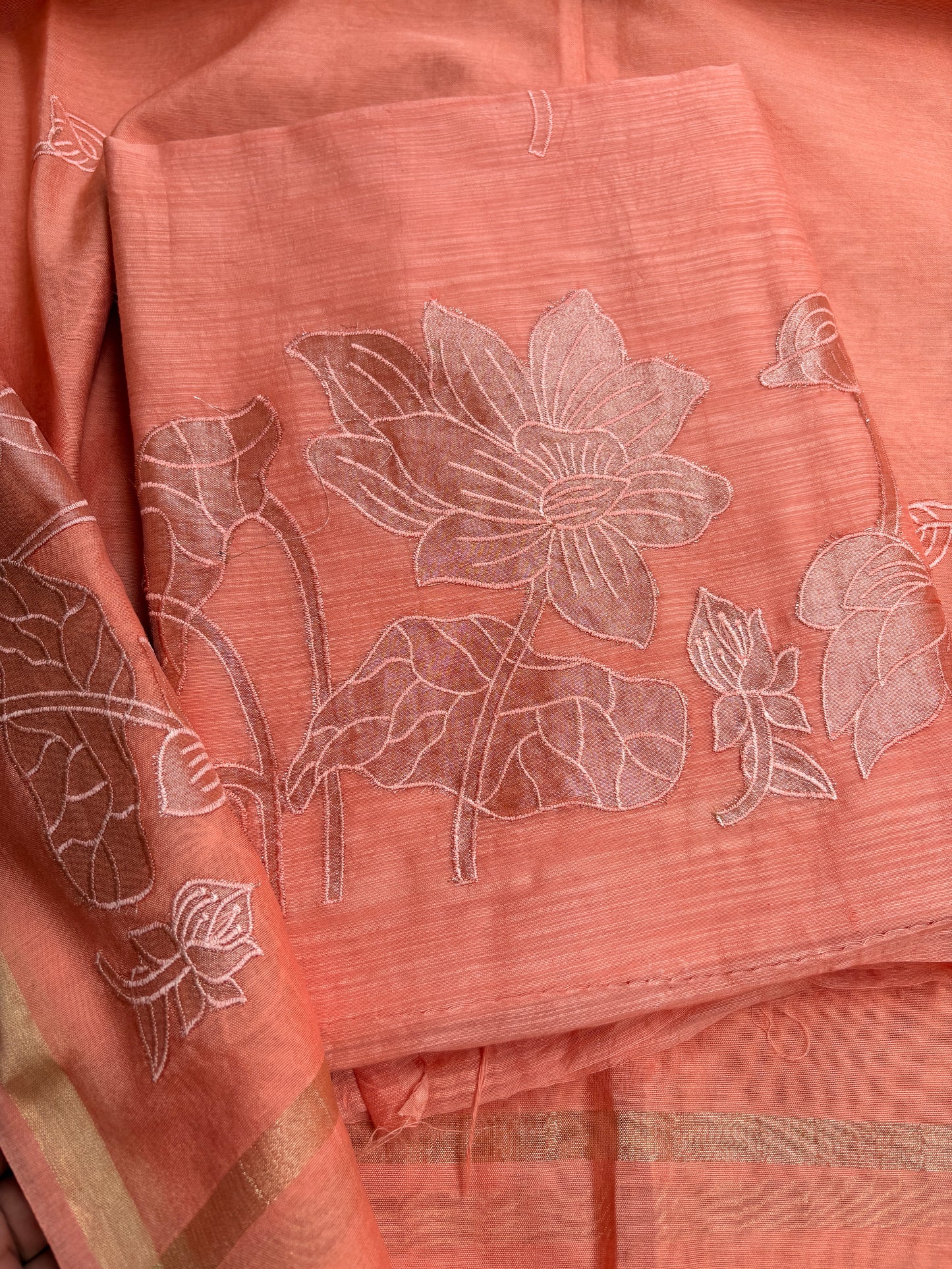 Peach appliqué work mul Chanderi suit set