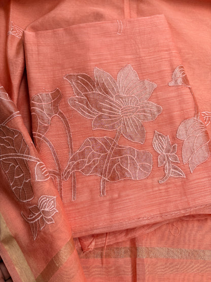 Peach appliqué work mul Chanderi suit set
