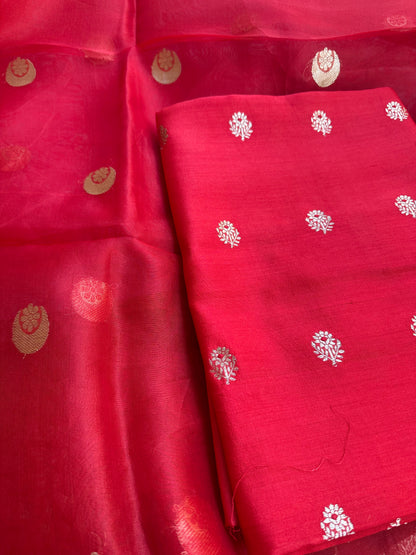 Red chiniya silk kurta, kora silk dupatta, plain bottom