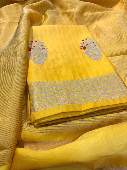 Yellow Chiniya silk kurta , bottom and tissue dupatta