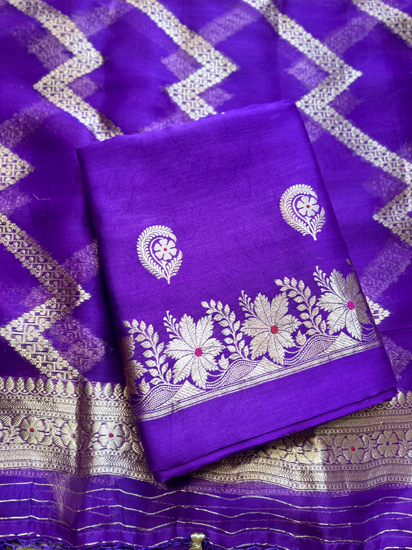 Purple chiniya meenadar suit set, kora silk dupatta, plain silk bottom.