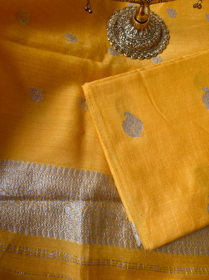 Yellow Silver zari moonga silk 3 piece suit set