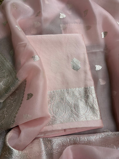 Pink Chiniya kadhwa silver zari 3 piece suit set