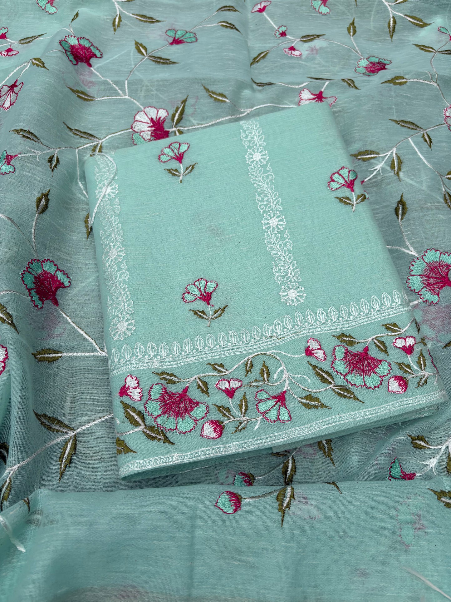 Blue linen cotton embroidered 3 piece suit set