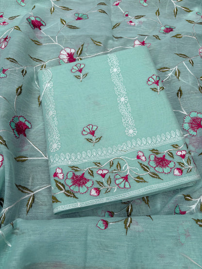 Blue linen cotton embroidered 3 piece suit set