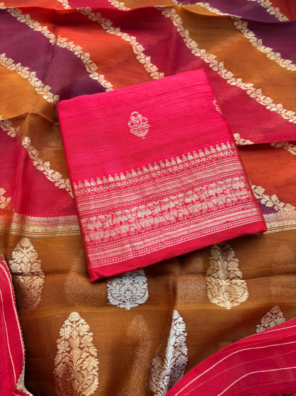 Red raw silk suit set with kora rangkat dupatta