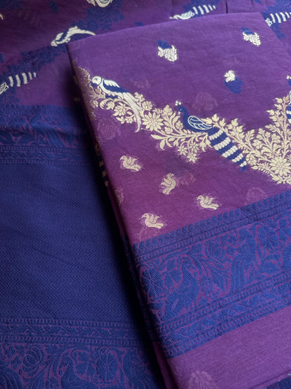 Purple chanderi zari weaving peacock design suit set