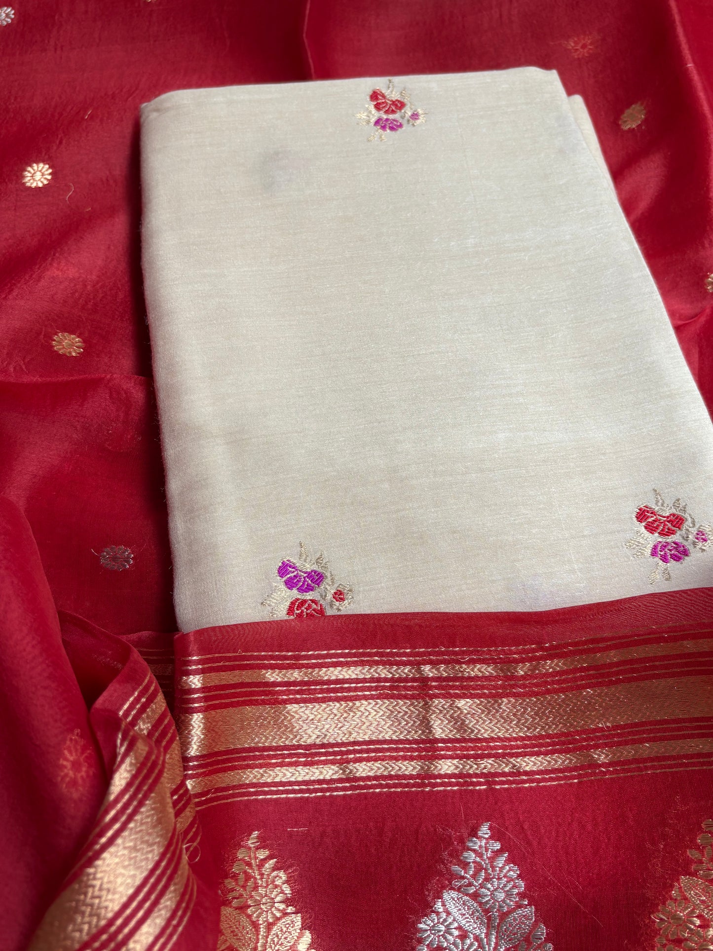 Cream moonga silk meenadar kurta, kora silk dupatta, plain silk bottom