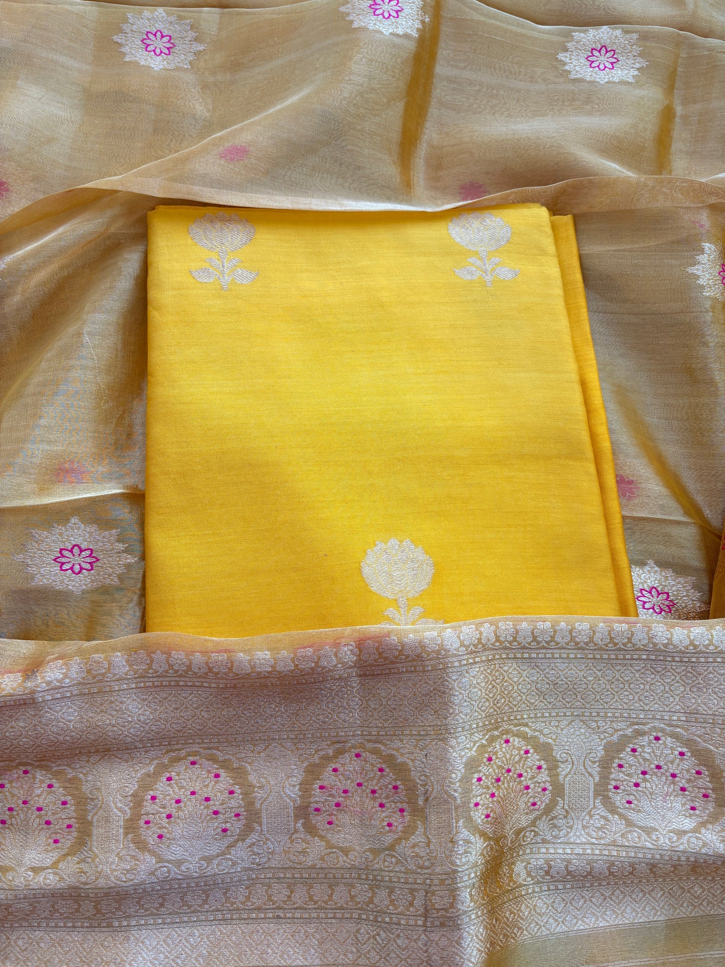 Yellow Chiniya silk kadhwa suit with tissue dupatta