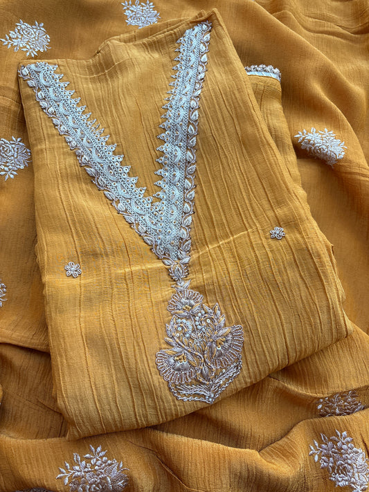 Yellow crush tissue embroidered suit set