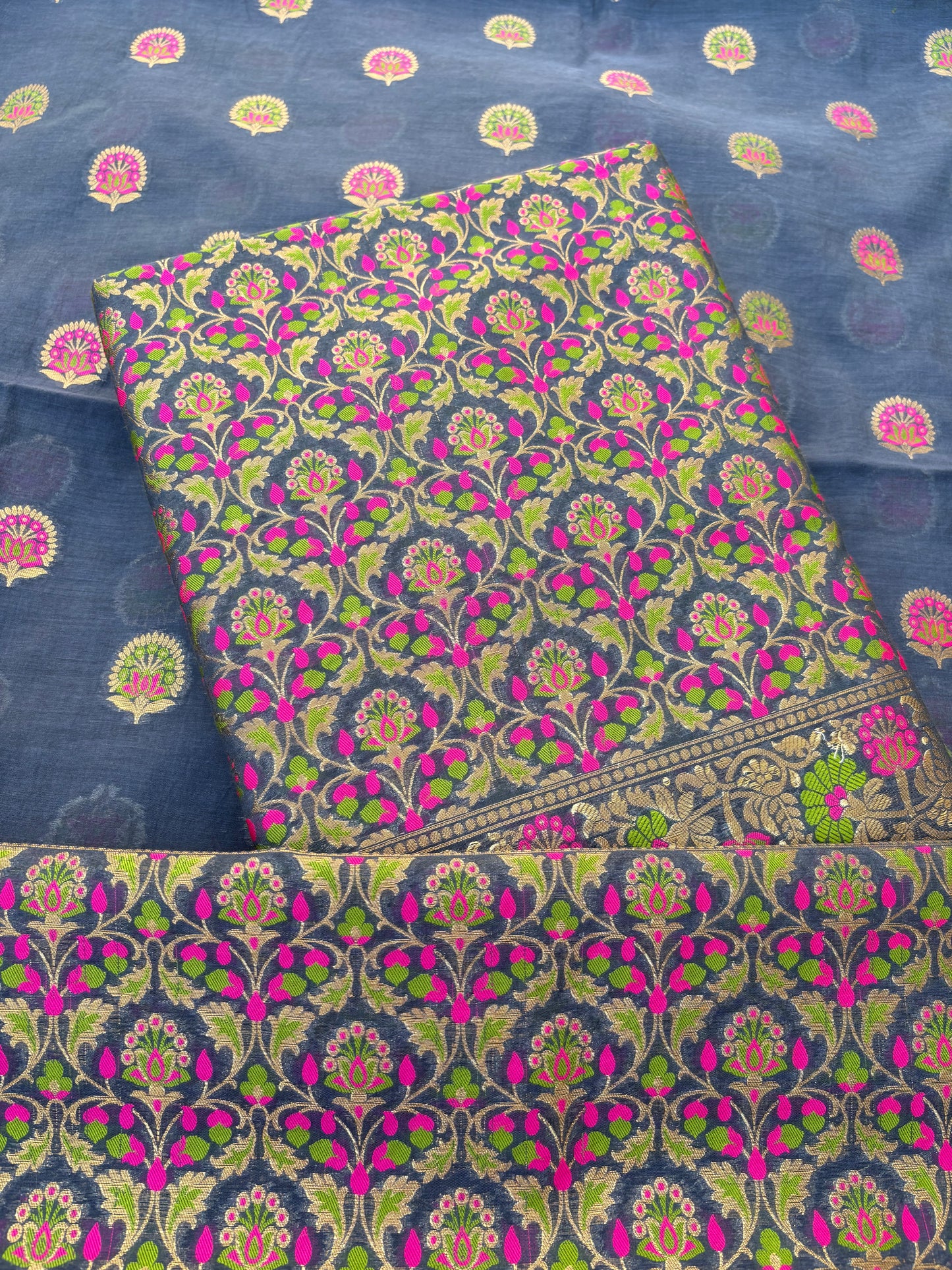 Blue jaal weaving Chanderi 3 piece suit set