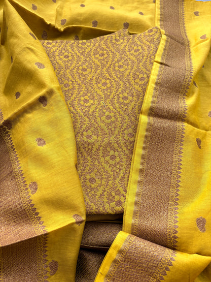 Yellow brocade cotton silk suit set