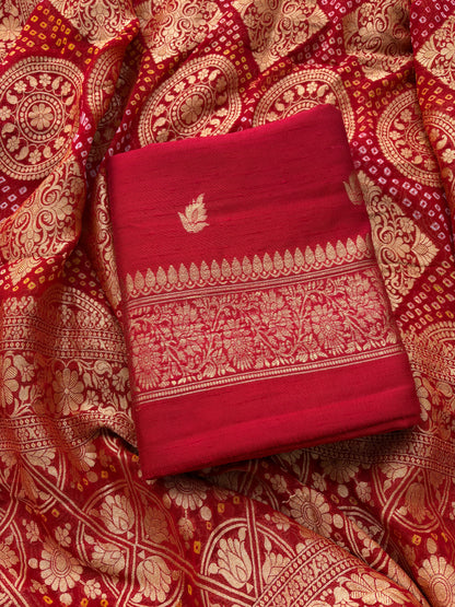 Red raw silk suit with bandhani dupatta