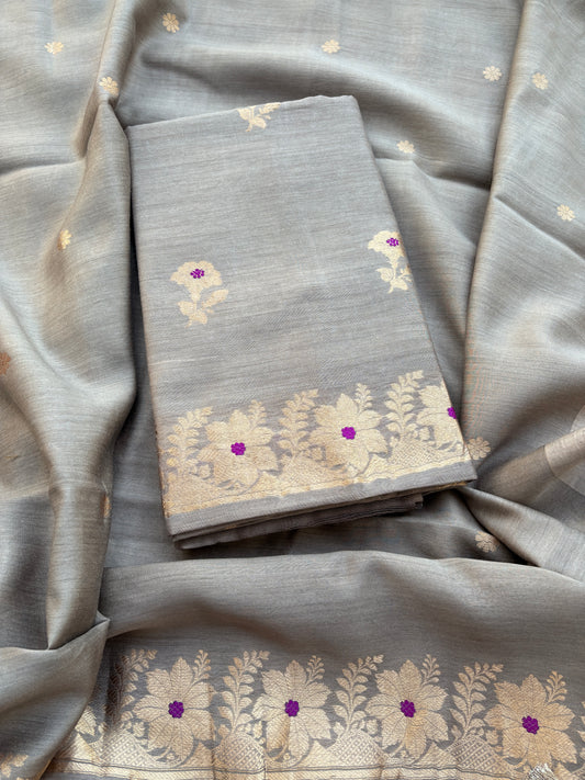 Grey moonga silk kadhwa suit set