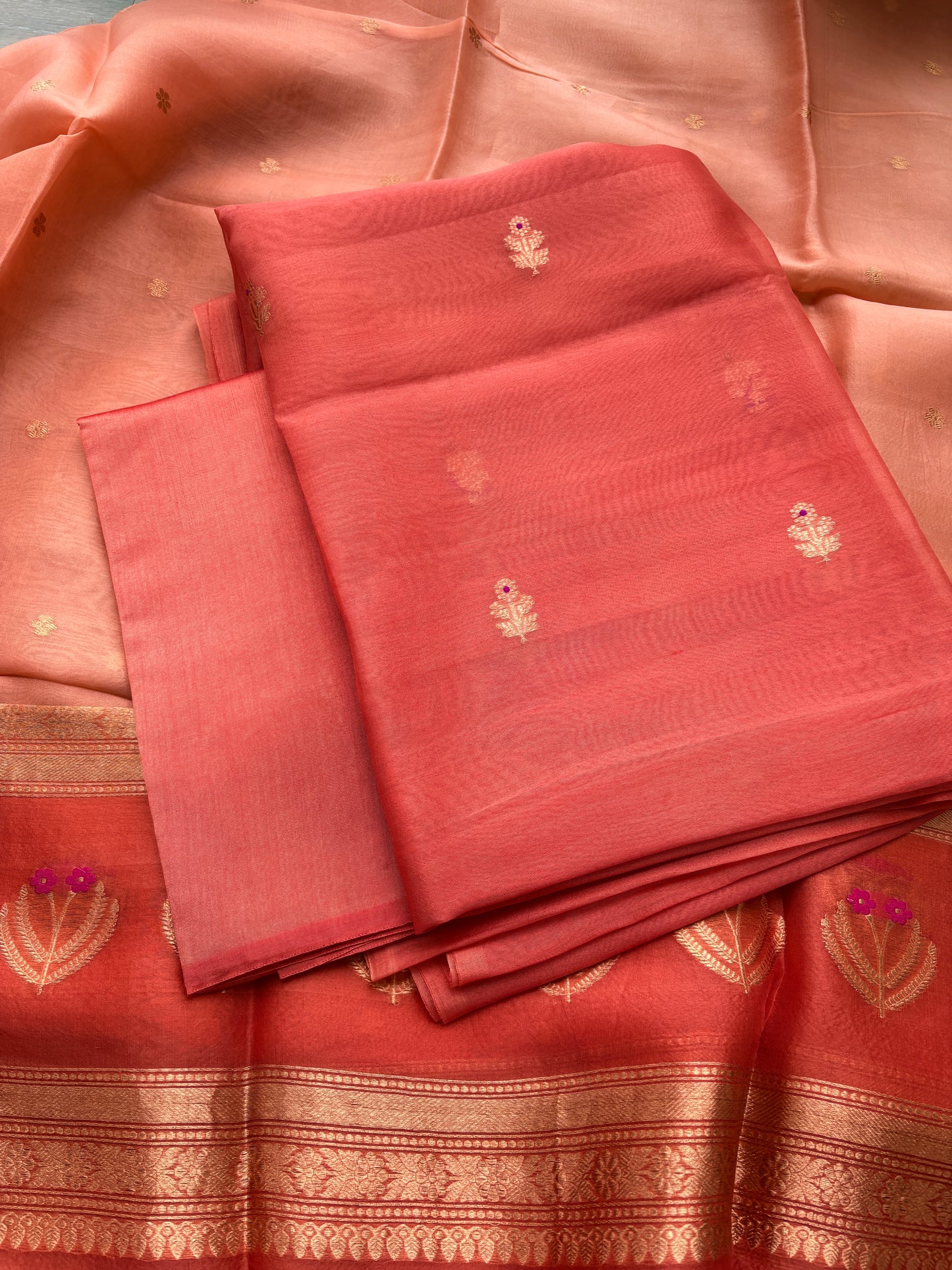 Peach orange kora silk suit set with shaded dupatta
