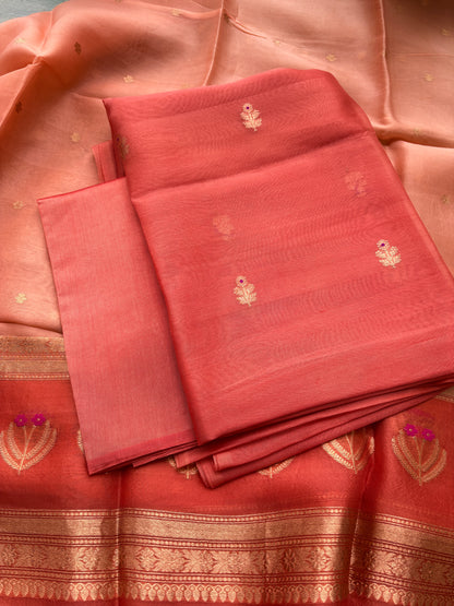 Peach orange kora silk suit set with shaded dupatta