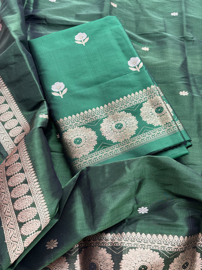 Green katan silk kurta , bottom and tissue kadhwa dupatta