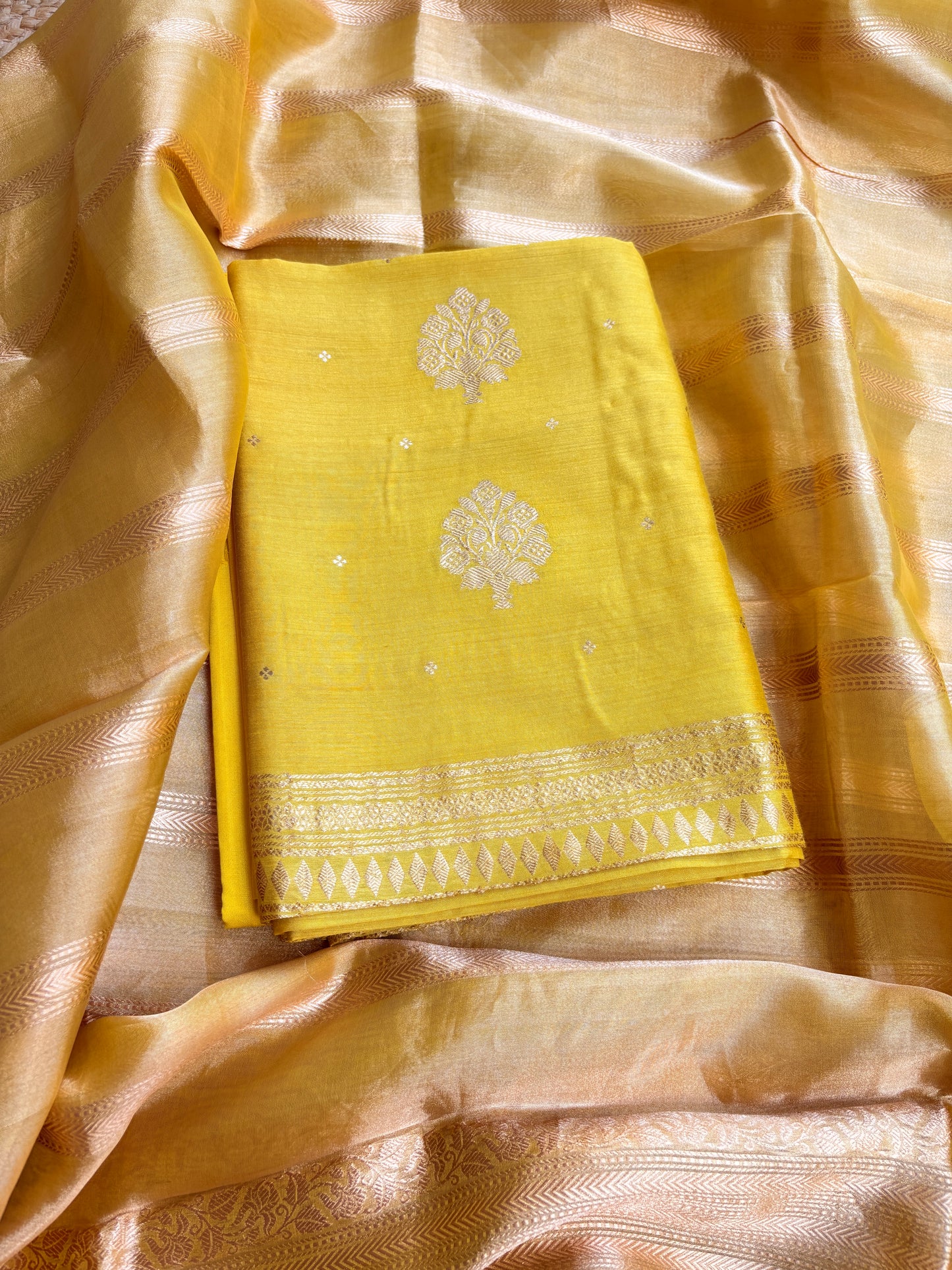 Lime yellow moonga silk kurta, bottom and tissue kadhwa dupatta